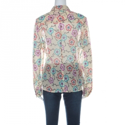 Chanel Cream Silk Chiffon Floral Logo Printed Sheer Shirt M 