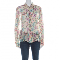 Chanel Cream Silk Chiffon Floral Logo Printed Sheer Shirt M 