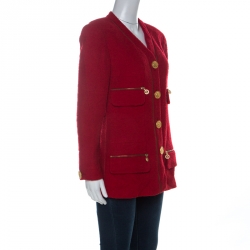 Pre Owned Chanel Red Wool Zipper Detail Vintage Blazer M