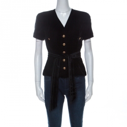 Chanel Black Velvet Stone Button Embellished Short Sleeve Belted Vintage Top M  