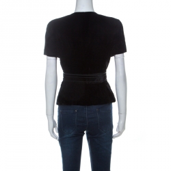Chanel Black Velvet Stone Button Embellished Short Sleeve Belted Vintage Top M  