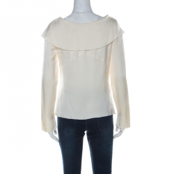 Pre Owned Chanel  Off White Silk Wide Bertha Collar Long Sleeve Top M