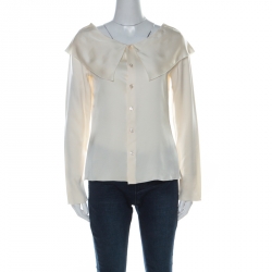 Pre Owned Chanel  Off White Silk Wide Bertha Collar Long Sleeve Top M