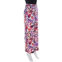 Pre Owned Chanel Multicolor Printed Silk Grosgrain Detail Wide Leg Trousers L
