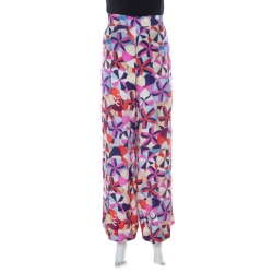 Pre Owned Chanel Multicolor Printed Silk Grosgrain Detail Wide Leg Trousers L
