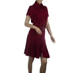 Pre Owned Chanel Oxblood Pleated Tweed Dress S