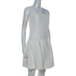 Chanel White Crochet Knit Cotton Blend Strapless Short Dress M