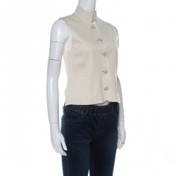 Chanel Ivory Geometric Knit Silk Blend Mandarin Collar Vest Jacket S
