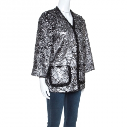 Chanel Silver and Black Lurex Trimmed Faux Fur Jacket M