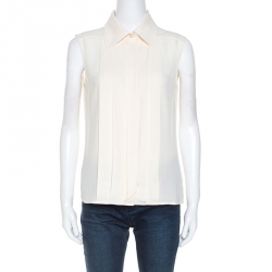 Chanel Cream Silk Button Front Sleeveless Shirt M