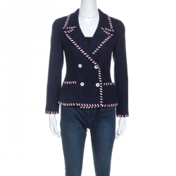 Pre Owned Chanel Navy Blue Wool Ribbon Trim Boucle Jacket S