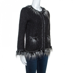 Pre Owned Chanel Grey Perforated Wool Faux Fur Trimmed Zip Front Jacket M
