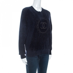 Pre Owned Chanel Navy Blue Logo Pattern Jacquard Detail Sweater M
