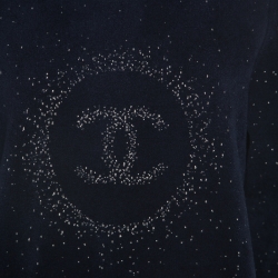 Pre Owned Chanel Navy Blue Logo Pattern Jacquard Detail Sweater M