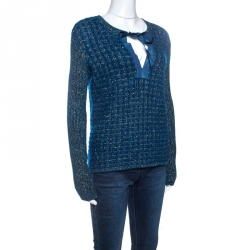 Pre Owned Chanel Blue-Green Tweed Mohair Wool Chain Detail Cardigan M