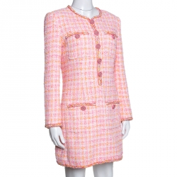 Chanel Pink Cotton Wool Tweed Lurex Detail Dress Suit M Chanel