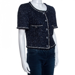 Pre Owned Chanel Navy Blue Textured Short Sleeve Jacket M