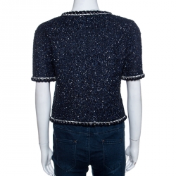 Pre Owned Chanel Navy Blue Textured Short Sleeve Jacket M