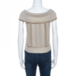 Chanel Ecru Metallic Print Knit Chain Detail off Shoulder Top S