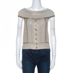 Chanel Ecru Metallic Print Knit Chain Detail off Shoulder Top S