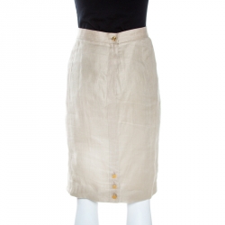 Pre Owned Chanel Vintage Beige Linen Pencil Skirt S 