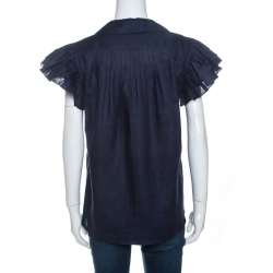 Chanel Navy Blue Linen Pleated Ruffled Sleeve Top S