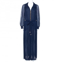 Pre Owned Chanel Navy Blue Plisse Silk Button Detail Belted Jumpsuit M