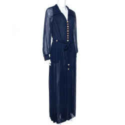 Pre Owned Chanel Navy Blue Plisse Silk Button Detail Belted Jumpsuit M