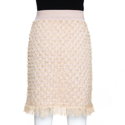 Pre Owned Chanel Beige Eyelet Knit Fringed Mini Skirt M