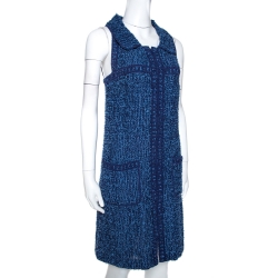 Pre Owned Chanel Blue Boucle Tweed Sleeveless Shift Dress M