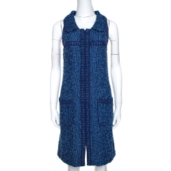 Pre Owned Chanel Blue Boucle Tweed Sleeveless Shift Dress M