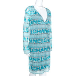 مملوكة مسبقًا Chanel Blue Logo Print Cotton Beach Cover Up Tunic M
