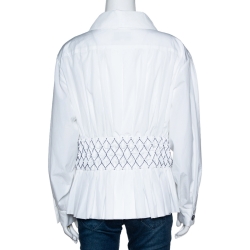 Pre Owned Chanel White Smocked Cotton Poplin Long Sleeve Blouse L
