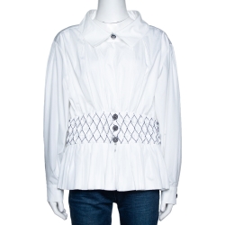 Pre Owned Chanel White Smocked Cotton Poplin Long Sleeve Blouse L