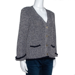 Pre Owned Chanel Navy Blue & Beige Cotton Blend Lurex Knit Cardigan L