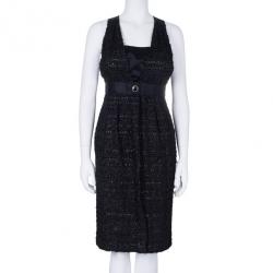 Pre Owned Chanel Black Tweed Metallic Dress M