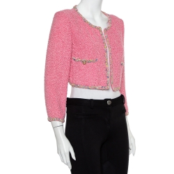 Pre Owned Chanel Pink Tweed Open Front Cropped Jacket M