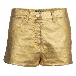 Pre Owned Chanel Gold Foil Coated Denim Shorts S
