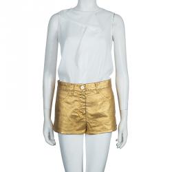Pre Owned Chanel Gold Foil Coated Denim Shorts S