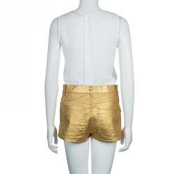 Pre Owned Chanel Gold Foil Coated Denim Shorts S