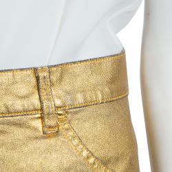 Pre Owned Chanel Gold Foil Coated Denim Shorts S
