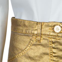 Pre Owned Chanel Gold Foil Coated Denim Shorts S