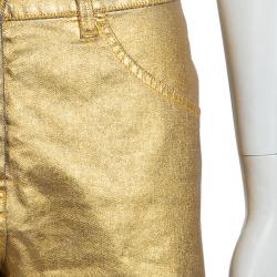 Pre Owned Chanel Gold Foil Coated Denim Shorts S