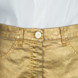 Pre Owned Chanel Gold Foil Coated Denim Shorts S