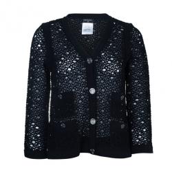 Pre Owned Chanel Black Crochet Knit Cardigan M