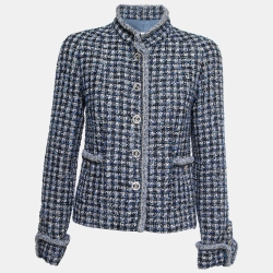 Pre Owned Chanel Blue Tweed Chain Trim Jacket M