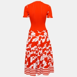 Chanel Red Floral Printed Stretch Knit Zip-Up Midi Dress M Chanel