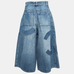 Pre Owned Chanel Blue Denim Logo Patched Wide Leg Cropped Jeans M Waist 28"