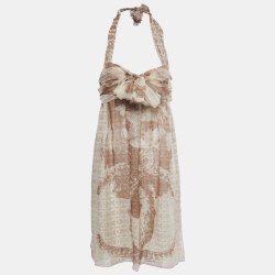 Pre Owned Chanel Brown Printed Silk Chiffon Knot-Detail Mini Dress M