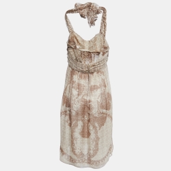 Pre Owned Chanel Brown Printed Silk Chiffon Knot-Detail Mini Dress M